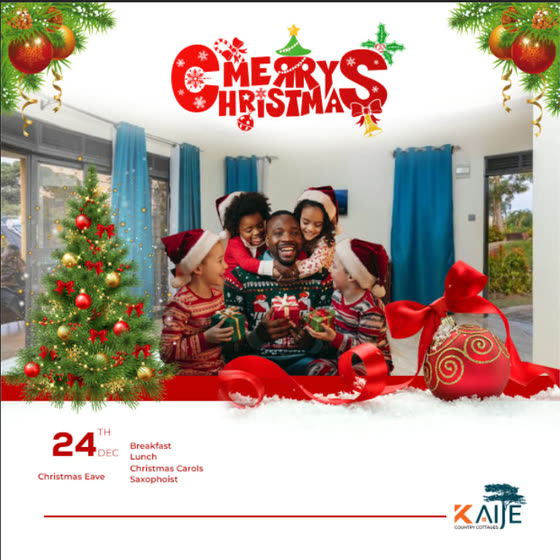 Merry Christmas flyer for Christmas Eve at Kaije with breakfast, lunch, carols and a saxophonist