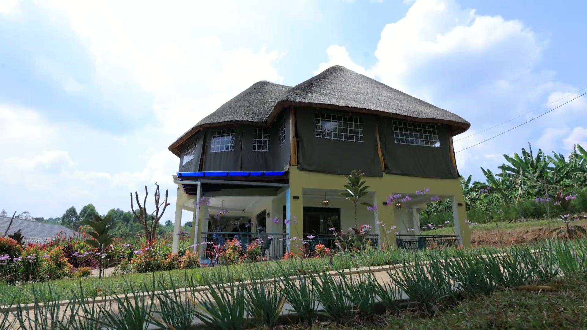 The thatched reception and restaurant building above flowering gardens on a clear day